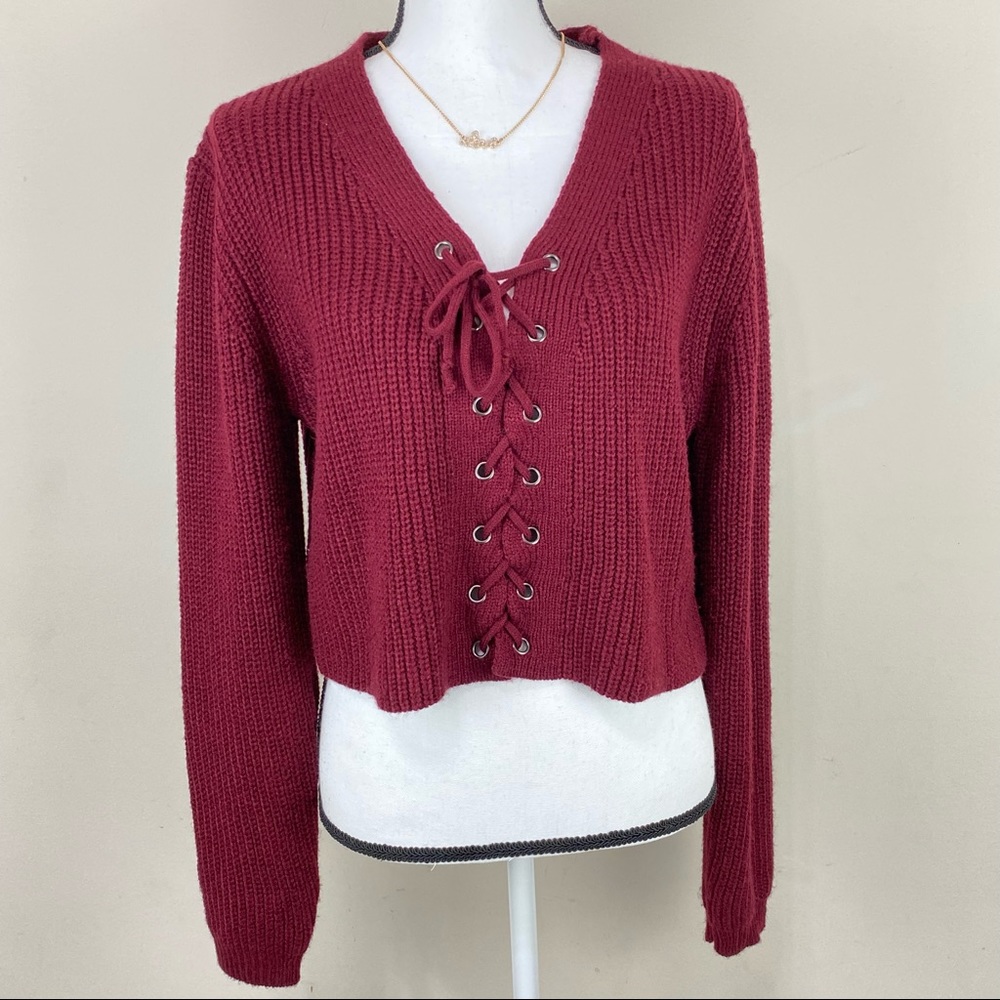 Blue Blush Cropped Lace-Up Front Long Sleeves V-Shaped Neckline Sweater …